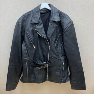 Black‎ Leather Motorcycle Jacket Biker Style Belted Zipper Pockets Lined